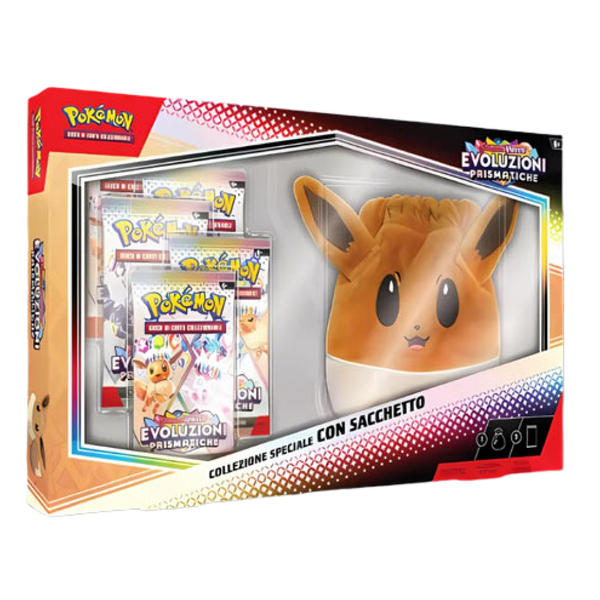 Immagine del prodotto che include un sacchetto a tema Eevee e 5 buste dell'espansione Scarlatto e Violetto: Evoluzioni Prismatiche.