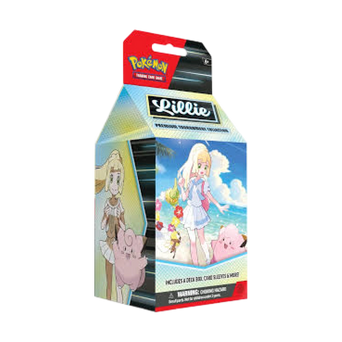 Confezione della Collezione Torneo Premium Lylia del GCC Pokémon, con un design raffigurante Lylia e Clefairy sulla spiaggia. La scatola contiene accessori e carte esclusive per il gioco.