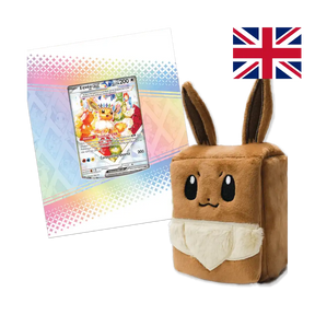 Eevee plush deck holder with Eevee-ex Terastallized promo card featuring Rainbow DNA ability, included in the Premium Collection