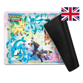 Full Pokémon playmat with all Eevee evolutions: Jolteon, Flareon, Vaporeon, Espeon, Umbreon, Glaceon, Leafeon, Sylveon, and Eevee in the center