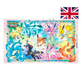 Pokémon playmat featuring Eevee and its evolutions: Umbreon, Glaceon, Vaporeon, and more in colorful illustration style