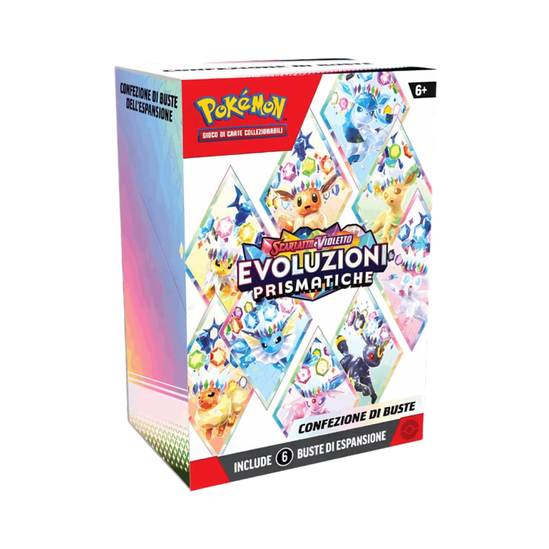 Immagine della confezione contenente 6 buste dell'espansione Scarlatto e Violetto: Evoluzioni Prismatiche.