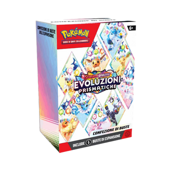 Immagine della confezione contenente 6 buste dell'espansione Scarlatto e Violetto: Evoluzioni Prismatiche.