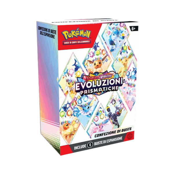 Immagine della confezione contenente 6 buste dell'espansione Scarlatto e Violetto: Evoluzioni Prismatiche.