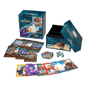 Contenuto del Disney Lorcana Azurite Sea Illumineer's Trove con booster packs, carte, dadi e scatola di immagazzinamento
