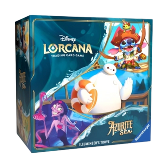 Confezione frontale del Disney Lorcana Azurite Sea Illumineer's Trove con illustrazioni di Stitch, Baymax e Yzma