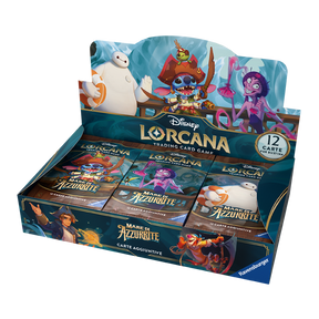 Disney Lorcana Mare di Azzurrite Display Booster Box aperto con illustrazioni di Stitch, Baymax e Yzma