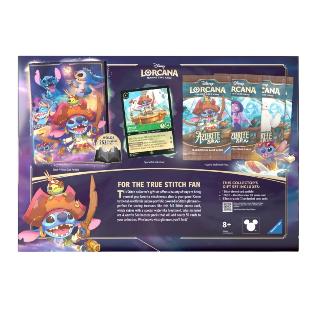 Retro del Disney Lorcana Stitch Collector's Gift Set con dettagli sui contenuti, inclusi portfolio e carte esclusive