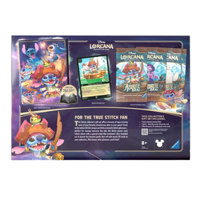 Retro del Disney Lorcana Stitch Collector's Gift Set con dettagli sui contenuti, inclusi portfolio e carte esclusive