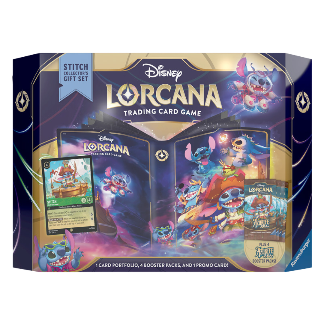 Confezione frontale del Disney Lorcana Stitch Collector's Gift Set con illustrazioni di Stitch e carte del gioco di trading Azurite Sea
