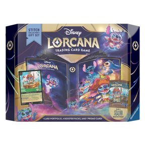 Confezione frontale del Disney Lorcana Stitch Collector's Gift Set con illustrazioni di Stitch e carte del gioco di trading Azurite Sea
