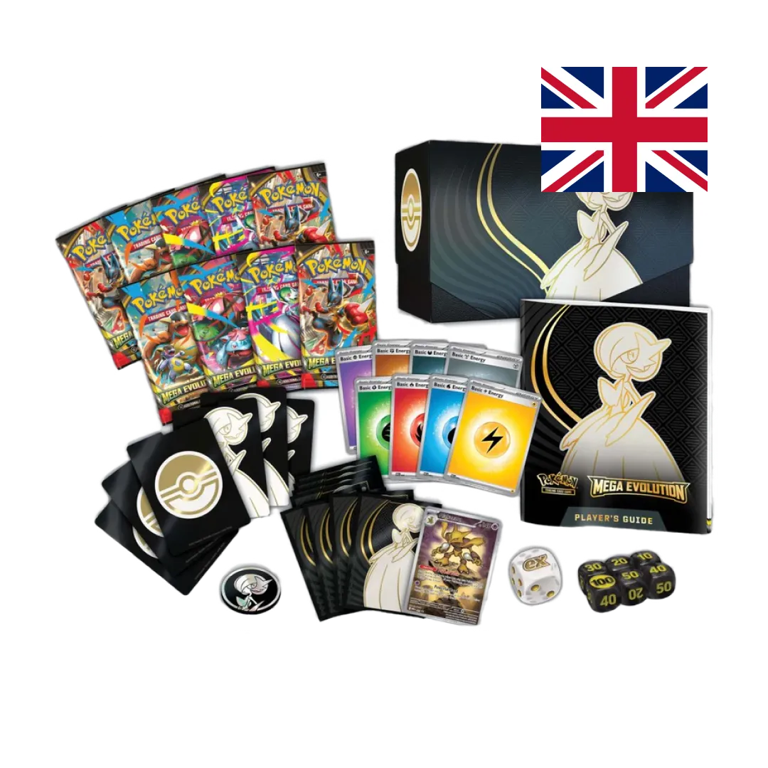 Pokémon Mega Evolution Elite Trainer Box contents including booster packs, energy cards, player's guide, dice, and accessories of Gardevoir