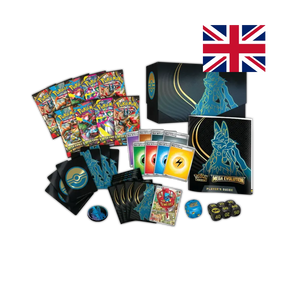 Pokémon Mega Evolution Elite Trainer Box contents with blue-themed accessories, booster packs, and dice.