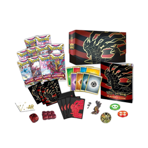 et completo del Pokémon Lost Origin Elite Trainer Box con buste booster, dadi, custodie per carte, segnalini e guida del giocatore con design di Giratina