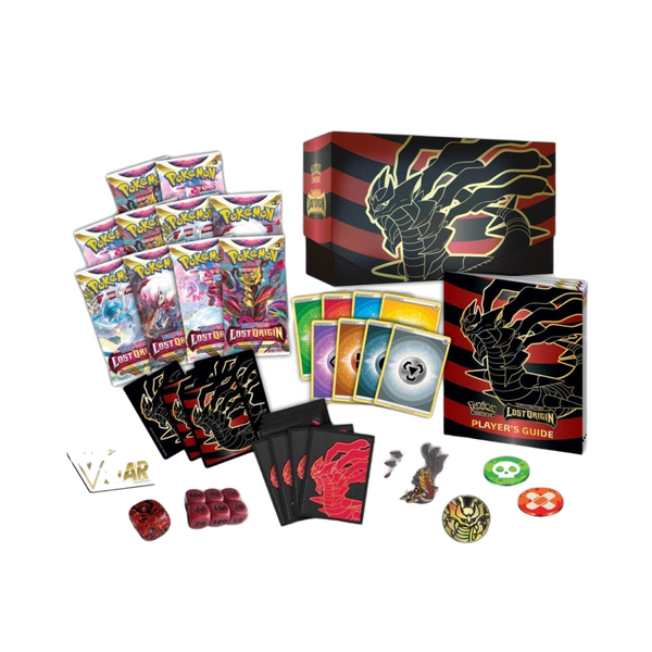 et completo del Pokémon Lost Origin Elite Trainer Box con buste booster, dadi, custodie per carte, segnalini e guida del giocatore con design di Giratina