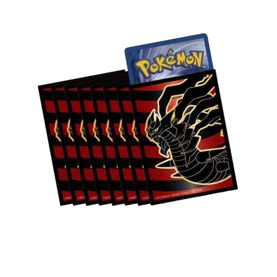 Custodie per carte a tema Giratina dal Pokémon Lost Origin Elite Trainer Box con strisce nere e rosse e dettagli dorati.