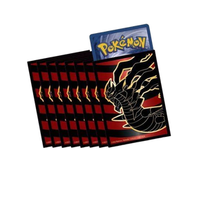 Custodie per carte a tema Giratina dal Pokémon Lost Origin Elite Trainer Box con strisce nere e rosse e dettagli dorati.