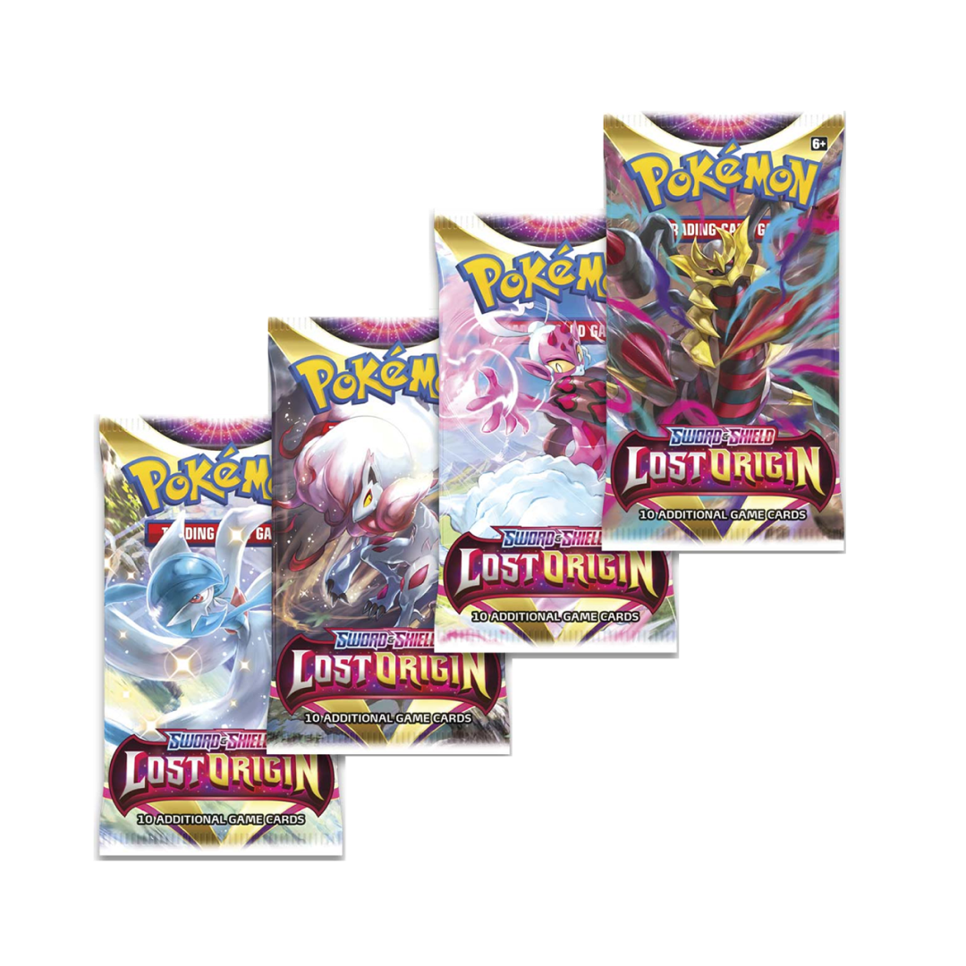 Buste booster Pokémon Lost Origin con artwork di Giratina, Enamorus, Hisuian Zoroark e Gardevoir.