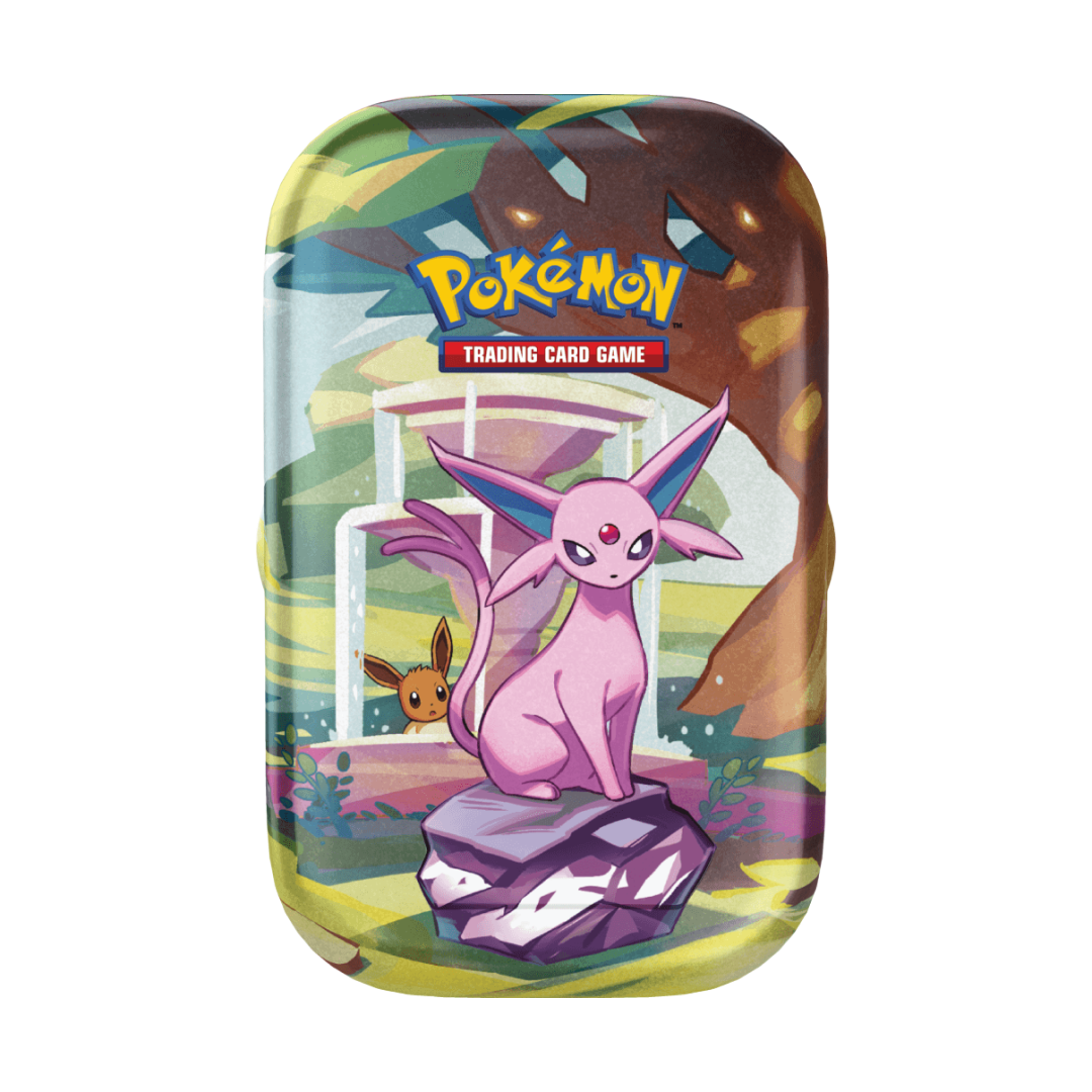 Immagine del prodotto raffigurante Espeon su una Mini Tin della collezione Evoluzioni Prismatiche.