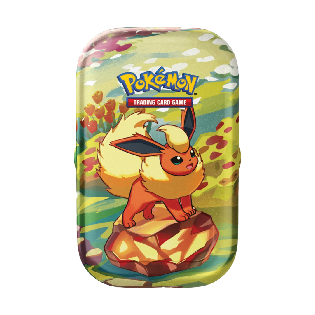 Immagine del prodotto raffigurante Flareon su una Mini Tin della collezione Evoluzioni Prismatiche.