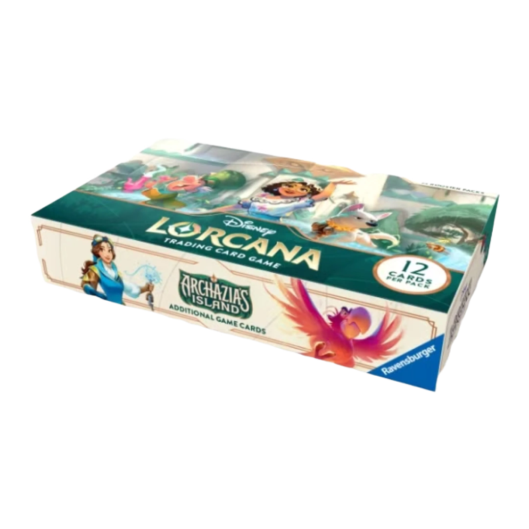 Disney Lorcana - L'Isola di Archazia Booster Pack Display aperto, con 24 buste dell'espansione e artwork dei personaggi Disney.