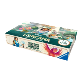 Disney Lorcana - L'Isola di Archazia Booster Pack Display aperto, con 24 buste dell'espansione e artwork dei personaggi Disney.