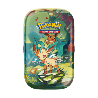 Immagine del prodotto raffigurante Leafeon su una Mini Tin della collezione Evoluzioni Prismatiche.

