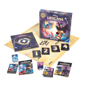 Contents of the Lorcana Gateway Starter Set, including cards, tokens, a game board, and guidebook featuring Disney characters Stitch, Elsa, Maleficent, and Mickey Mouse.