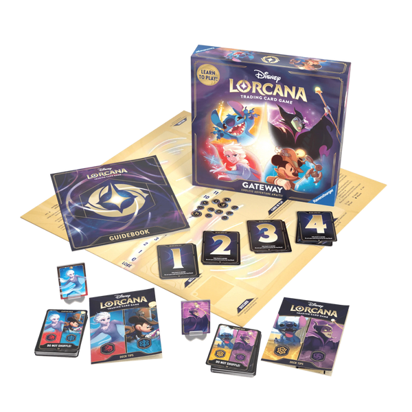 Contents of the Lorcana Gateway Starter Set, including cards, tokens, a game board, and guidebook featuring Disney characters Stitch, Elsa, Maleficent, and Mickey Mouse.