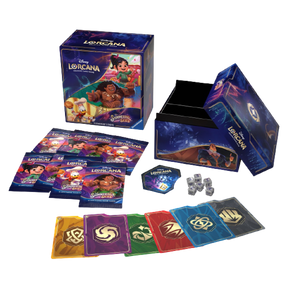 Contents of the Lorcana Shimmering Skies Illumineer's Trove, featuring booster packs, storage box, tokens, and Disney character cards.