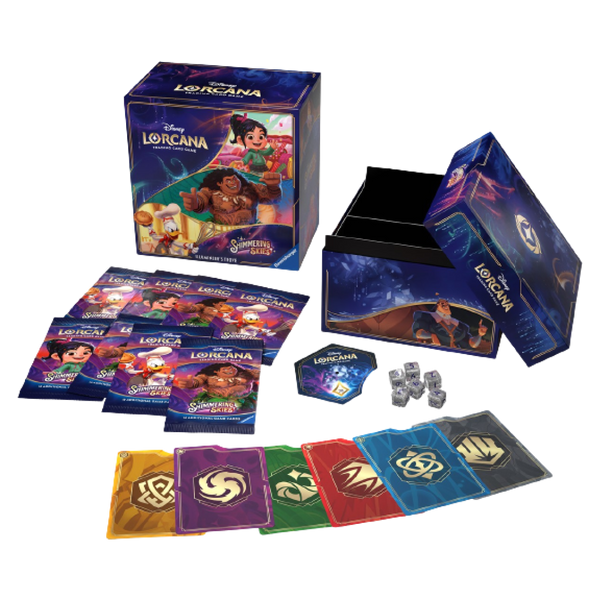 Contents of the Lorcana Shimmering Skies Illumineer's Trove, featuring booster packs, storage box, tokens, and Disney character cards.