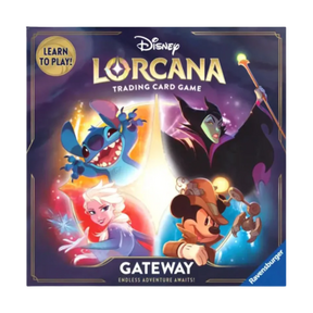 Box of Lorcana Gateway Starter Set showcasing Disney characters Stitch, Elsa, Maleficent, and Mickey Mouse with the text "Learn to Play!" and "Endless Adventure Awaits!"