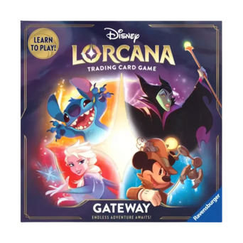 Box of Lorcana Gateway Starter Set showcasing Disney characters Stitch, Elsa, Maleficent, and Mickey Mouse with the text "Learn to Play!" and "Endless Adventure Awaits!"