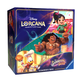 Box of Lorcana Shimmering Skies Illumineer's Trove, showcasing Disney characters Vanellope, Maui, and Donald Duck on the cover.