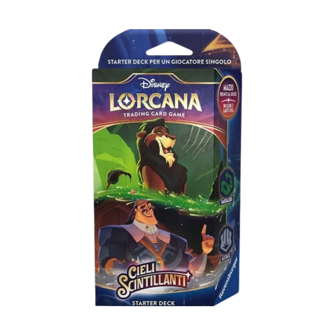 Starter Deck di Lorcana: Cieli Scintillanti con Scar e Ratcliffe sulla confezione.