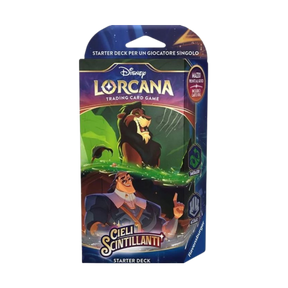 Starter Deck di Lorcana: Cieli Scintillanti con Scar e Ratcliffe sulla confezione.