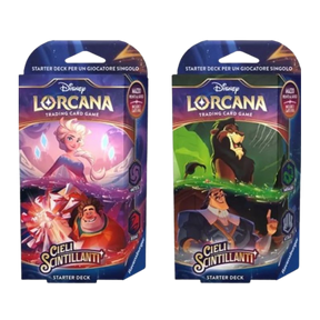 Due Starter Deck di Lorcana: Cieli Scintillanti, uno con Elsa e Ralph Spaccatutto, l'altro con Scar e Ratcliffe.