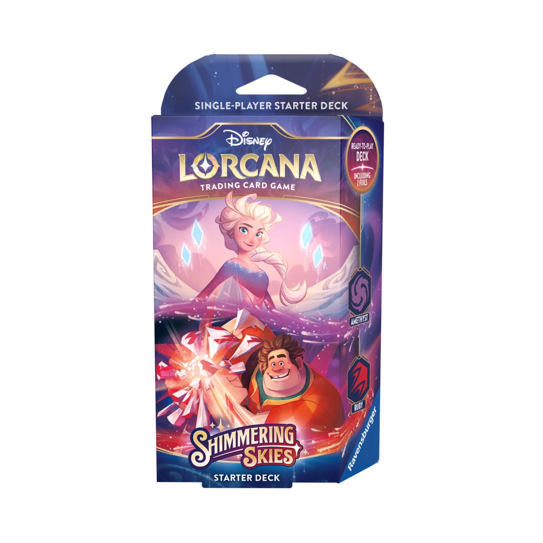Starter Deck of Lorcana: Shimmering Skies featuring Elsa and Ralph on the packaging.