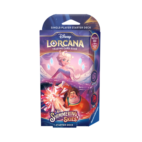Starter Deck of Lorcana: Shimmering Skies featuring Elsa and Ralph on the packaging.