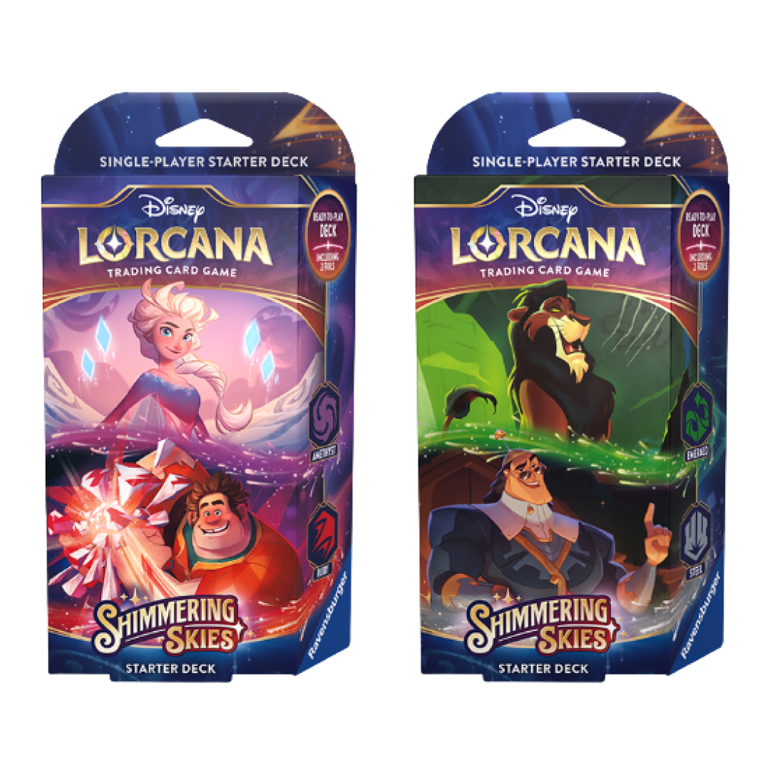 Two Starter Decks of Lorcana: Shimmering Skies, one featuring Elsa and Ralph, and the other featuring Scar and Ratcliffe.