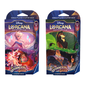 Two Starter Decks of Lorcana: Shimmering Skies, one featuring Elsa and Ralph, and the other featuring Scar and Ratcliffe.