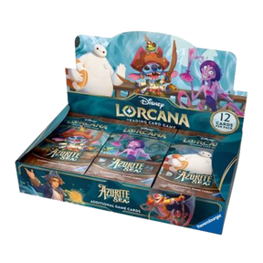 Disney Lorcana Azurite Sea Display Booster Pack aperto con illustrazioni di Stitch, Baymax e Yzma