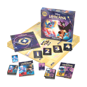 Contenuto del set Lorcana: Preludio - Cieli Scintillanti, con carte, segnalini e manuale di gioco.