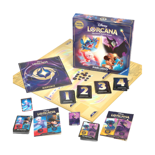 Contenuto del set Lorcana: Preludio - Cieli Scintillanti, con carte, segnalini e manuale di gioco.
