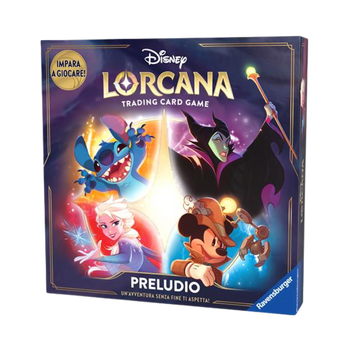 Scatola di Lorcana: Preludio - Cieli Scintillanti con illustrazioni di personaggi Disney come Stitch, Elsa, Malefica e Topolino.