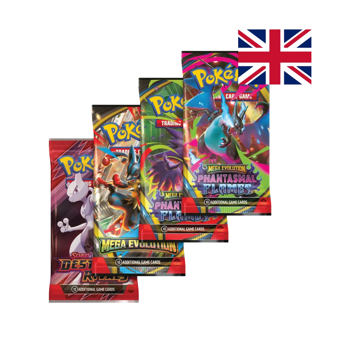 Set di 2 Tin collezionabili ogni una con 1 carta promo foil di Mega Charizard X ex o Mega Charizard Y ex, 4 bustine Pokémon TCG assortite (2x Phantasmal Flames, 1x Mega Evolution, 1x Destined Rivals) e 1 codice digitale.
