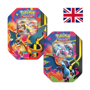 Set di 2 Tin collezionabili ogni una con 1 carta promo foil di Mega Charizard X ex o Mega Charizard Y ex, 4 bustine Pokémon TCG assortite (2x Phantasmal Flames, 1x Mega Evolution, 1x Destined Rivals) e 1 codice digitale.