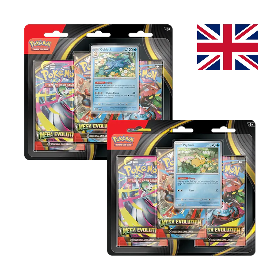 Two Pokémon Mega Evolution blister packs featuring Golduck and Psyduck cards.
