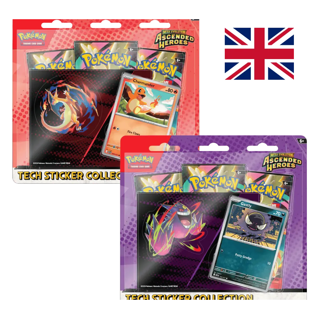 Tech Sticker Collection di Mega Evolution—Ascended Heroes per Pokémon TCG. Include 1 carta promo foil (Charmander o Gastly), 1 foglio sticker tech con Mega Charizard Y o Mega Gengar e 3 bustine. Variante assortita.