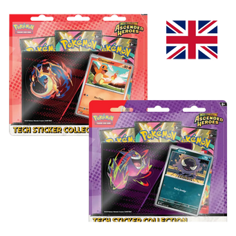 Tech Sticker Collection di Mega Evolution—Ascended Heroes per Pokémon TCG. Include 1 carta promo foil (Charmander o Gastly), 1 foglio sticker tech con Mega Charizard Y o Mega Gengar e 3 bustine. Variante assortita.